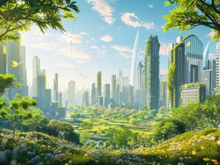 Sunlight bathes a lush city park surrounded by futuristic skyscrapers, signifying eco-friendly urban development