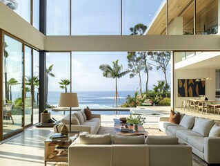 A stunning modern living room with expansive glass walls offering a breathtaking ocean view, stylish furnishings, and wooden accents