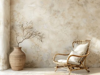 A minimalist living room with natural light, a wicker chair, and an elegant dried tree branch in a large vase