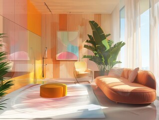 An eye-catching vibrant interior space featuring warm hues, large glass windows, and artistic decor to create a welcoming atmosphere