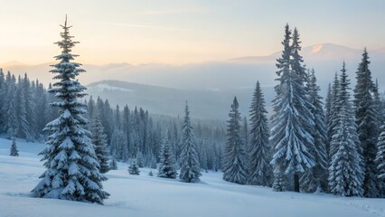 Naklejka premium Snowy Mountain Forest at Sunrise, Winter Landscape, Pine Trees Winter Scenery, Mountain Photography