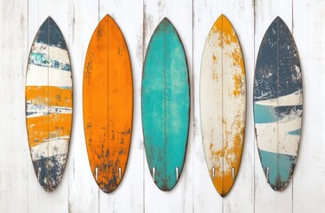 Five vintage surfboards, distressed and colorful, hang against a white wood background.  The boards feature various shades of orange, teal, and blue, with visible paint chips and textures