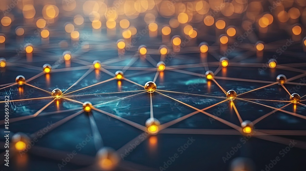 Poster a digital network with glowing spheres connected by lines on a dark background