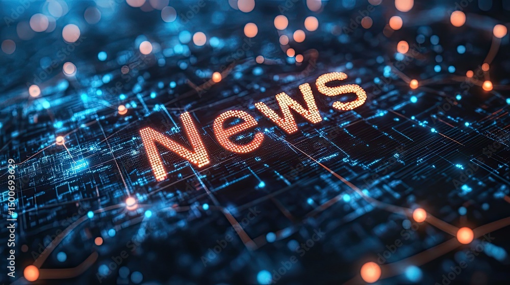 Poster digital news concept with glowing word on a circuit board and bokeh background