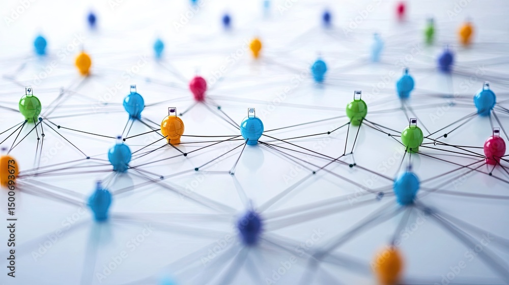 Poster colorful push pins connected by lines on a white surface forming a network diagram