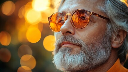 Older man with beard, wearing sunglasses with reflections, against bokeh backdrop