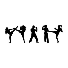 Silhouettes of men and women performing martial arts moves and fighting stances, captured mid-action to emphasize strength, technique, and discipline on a white background.