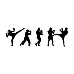 Silhouettes of men and women performing martial arts moves and fighting stances, captured mid-action to emphasize strength, technique, and discipline on a white background.