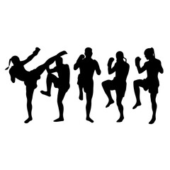 Silhouettes of men and women performing martial arts moves and fighting stances, captured mid-action to emphasize strength, technique, and discipline on a white background.