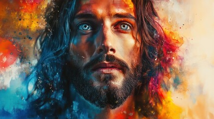 Colorful digital watercolor painting of Jesus Christ on white background