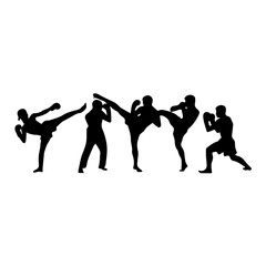 Silhouettes of men and women performing martial arts moves and fighting stances, captured mid-action to emphasize strength, technique, and discipline on a white background.
