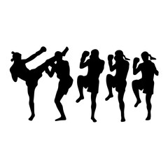 Silhouettes of men and women performing martial arts moves and fighting stances, captured mid-action to emphasize strength, technique, and discipline on a white background.