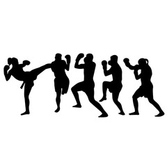 Silhouettes of men and women performing martial arts moves and fighting stances, captured mid-action to emphasize strength, technique, and discipline on a white background.