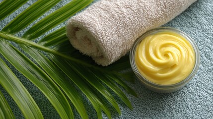 Creamy yellow balm in glass bowl, soft towel, green palm leaf on teal textile background, representing spa, wellness, or skincare product