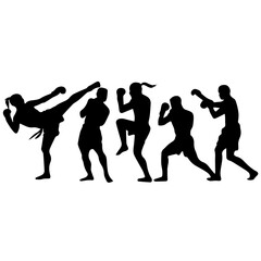 Silhouettes of men and women performing martial arts moves and fighting stances, captured mid-action to emphasize strength, technique, and discipline on a white background.