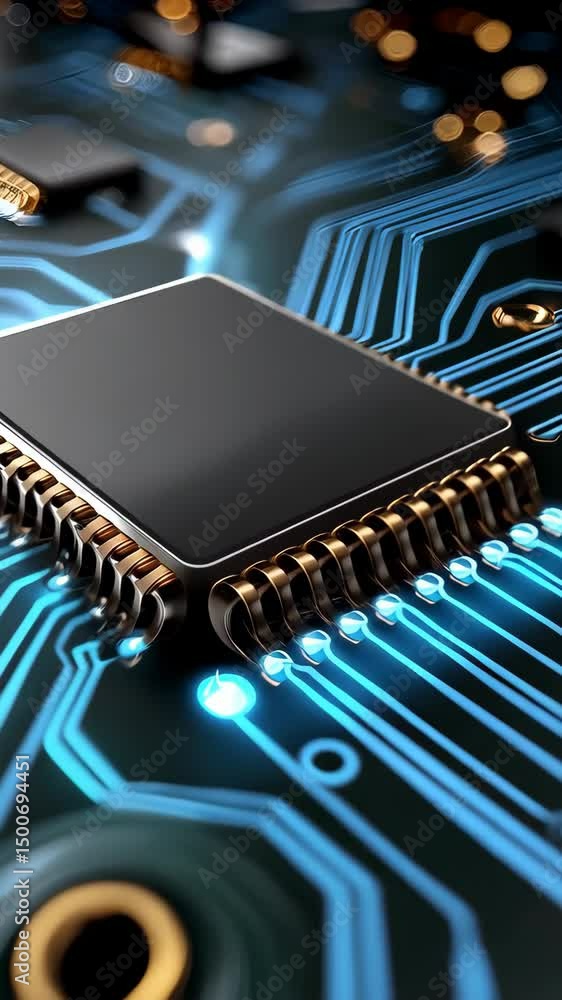 Poster close-up of a central processing unit chip showing connections, processors, circuits, technology and