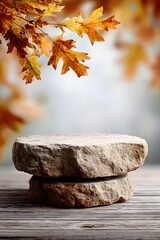 Autumn stone platform for natural product display. Fall concept with rustic podium for cosmetic showroom. Warm foliage and red flowers.