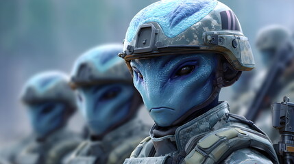 Blue alien character in futuristic armor. Science fiction space creature design. Fantasy game graphic or movie concept.