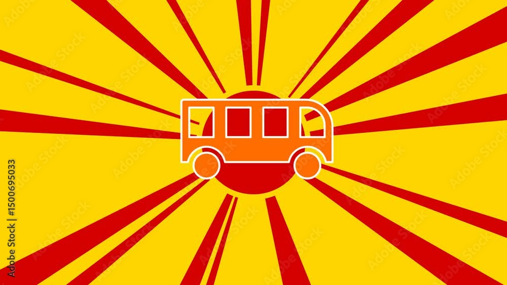 Poster bus symbol on the background of animation from moving rays of the sun. large orange symbol increases