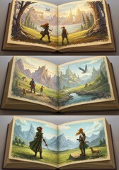 Illustrated Fantasy Adventure Book with Characters Exploring Landscape Scene