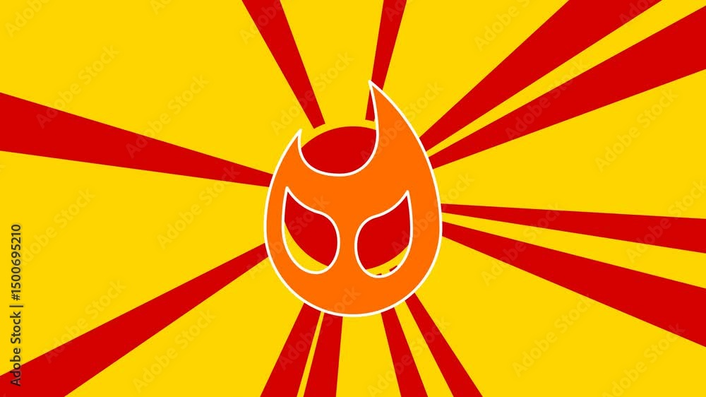 Poster fire symbol on the background of animation from moving rays of the sun. large orange symbol increase