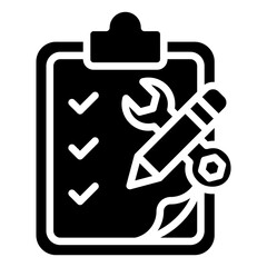 Career Checklist - Glyph Black Fill Silhouette Icon - Clipboard with a checklist, tools, and pencil, representing career planning, tasks, and readiness