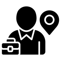 Career Location - Glyph Black Fill Silhouette Icon - Person with briefcase and location pin, symbolizing career placement, job site, or work destination