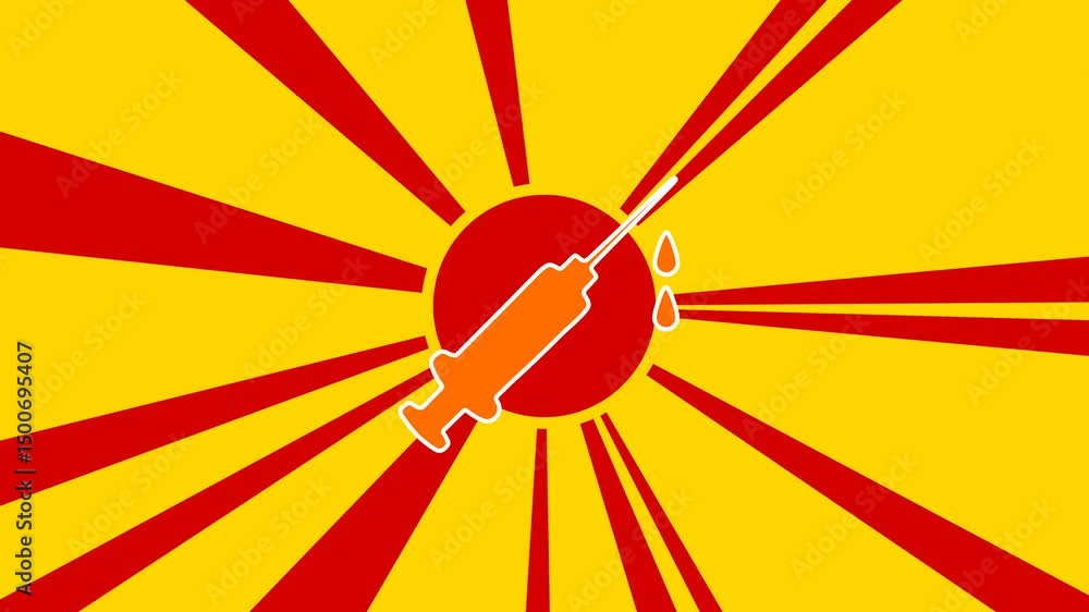 Poster syringe symbol on the background of animation from moving rays of the sun. large orange symbol incre