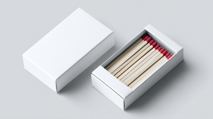 White matchbox with wooden matches and red tips, showcasing a minimalist design concept, ideal for branding or packaging mockup