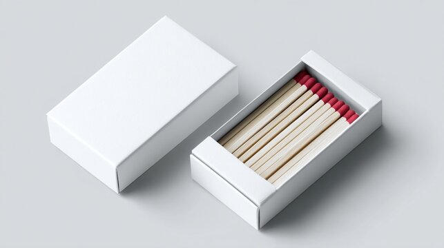 White matchbox with wooden matches and red tips, showcasing a minimalist design concept, ideal for branding or packaging mockup