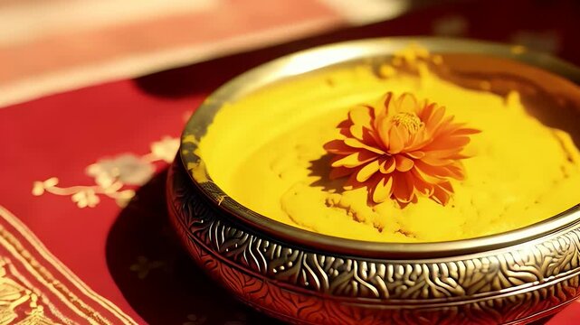 A brass bowl filled with turmeric paste and a floating marigold, placed on an embroidered cloth during an Indian haldi ceremony, captured in natural daylight

