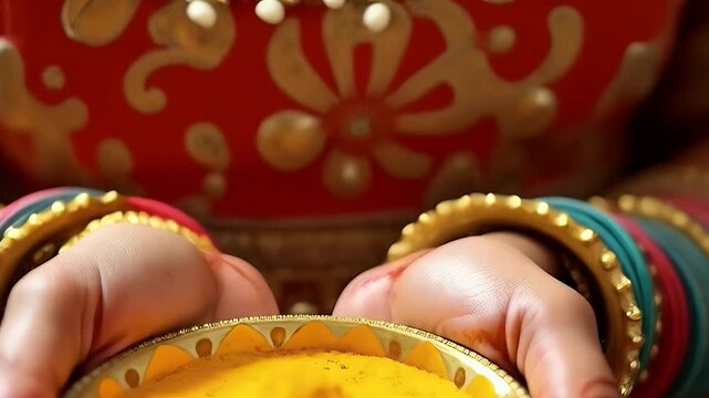 A close-up of bride&rsquo;s hands holding a bowl of turmeric, wearing traditional bangles and mehndi, representing the start of haldi ceremony in Indian weddings

