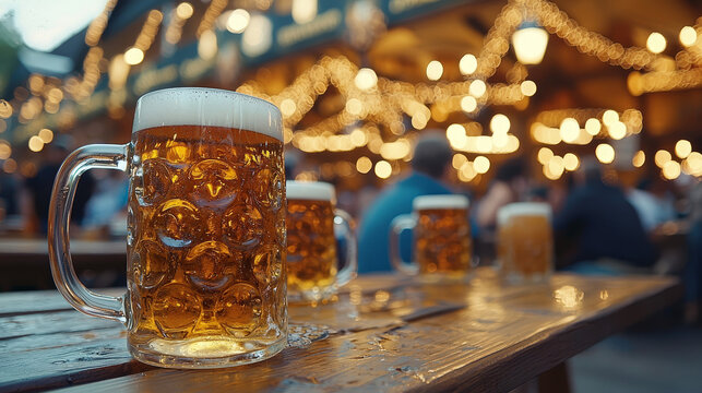 Oktoberfest, munich. Beer mugs on table, People drinking beer and having fun, tent interior