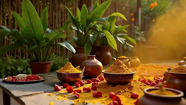 Flat lay of haldi ceremony essentials including a turmeric bowl, mango leaves, incense sticks, and floral garlands, on a rustic wooden surface

