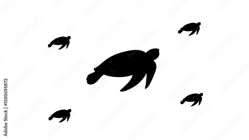 Poster zoom in and out animation the sea turtle symbol. large black symbol in the center and four small sym