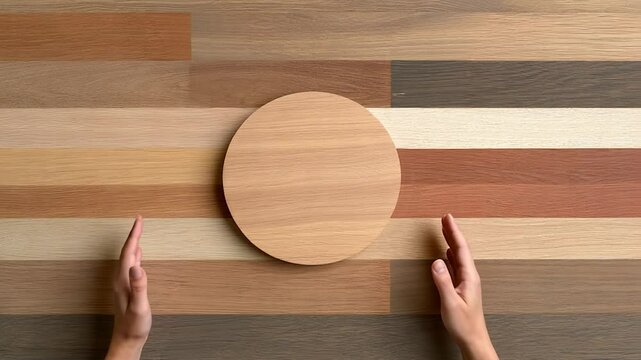 Wooden Tabletop Mockup: Hands Framing a Circular Wooden Board on a Multi-Colored Wooden Surface