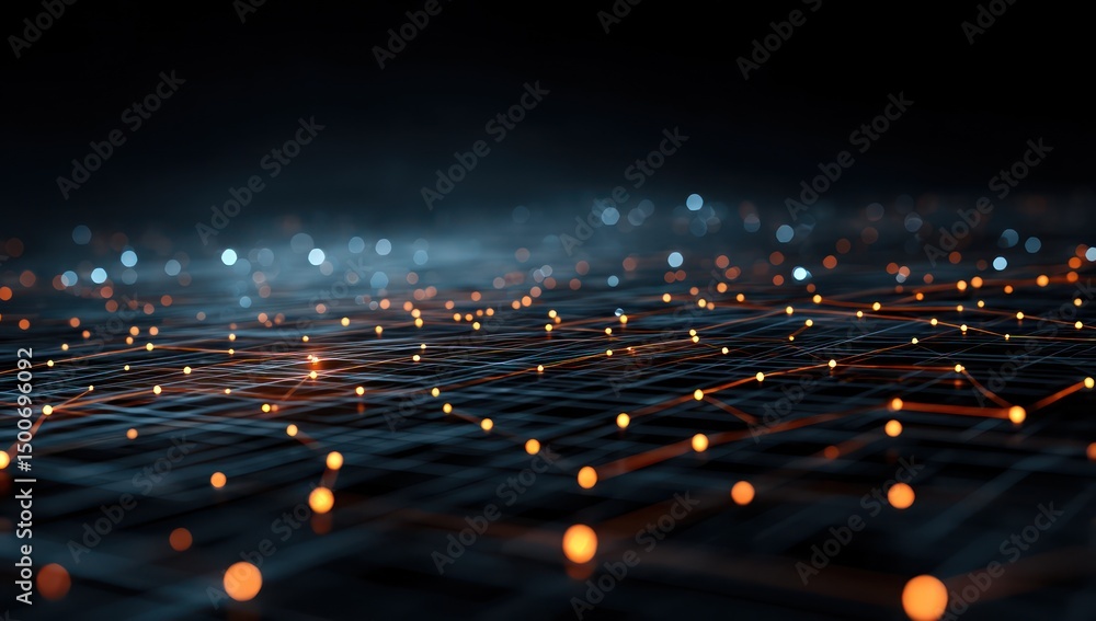 Poster abstract grid structure with glowing nodes, representing cutting-edge technology in modern systems.