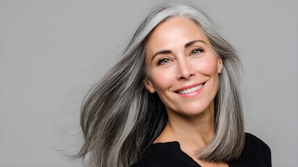 Fototapeta premium Close up smiling woman with gray hair looking happy. Portrait of mature female with natural silver hair. Beauty care concept.