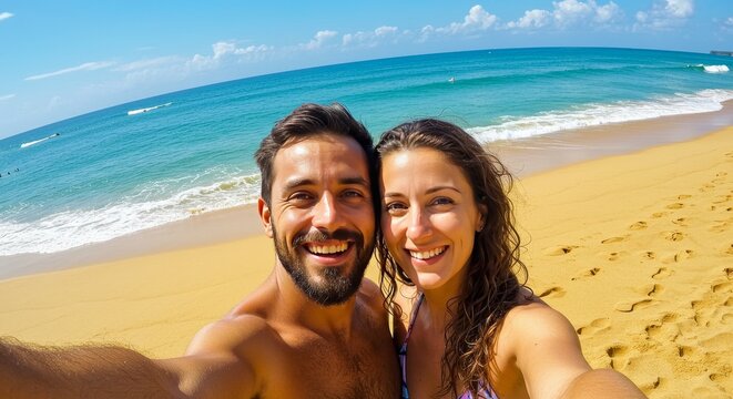 Happy Couple Taking A Selfie At The Beach Under Blue Sky In Summer Photo