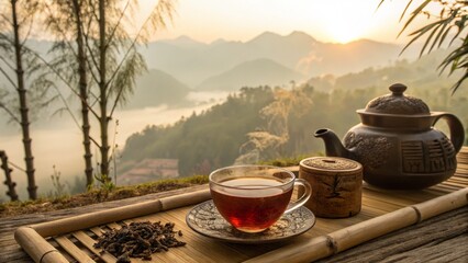 Sunrise Tea Ceremony Mountain View, Teapot, Cup, Bamboo Tray, Tea Leaves Tea, Mountain Scenery