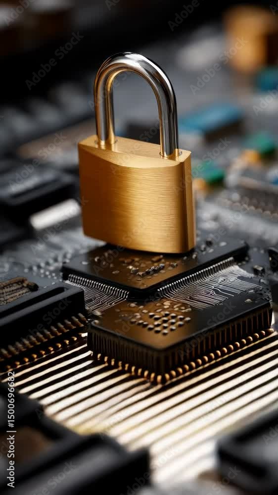 Poster secure data transfer depicting a golden padlock resting protectively on an integrated circuit board,
