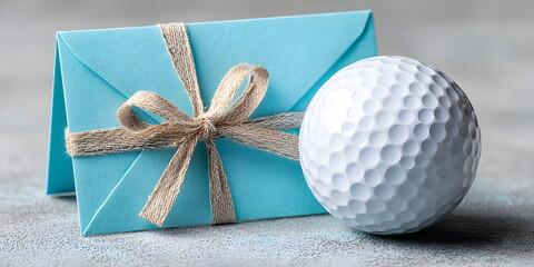 Turquoise envelope with ribbon bow and golf ball. Gift certificate or invitation concept for golf sport event. National Golf Month celebration in August