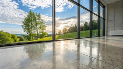 Sunset View Through Modern Floor-to-Ceiling Windows, Concrete Floor, Landscape Interior Design, Modern Architecture