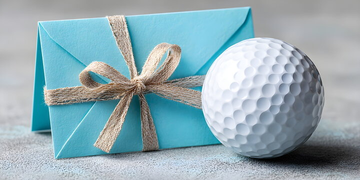 Turquoise envelope with ribbon bow and golf ball. Gift certificate or invitation concept for golf sport event. National Golf Month celebration in August
