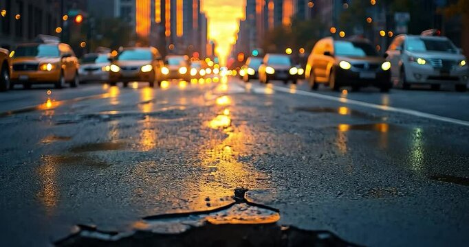 City street pothole sunrise reflection