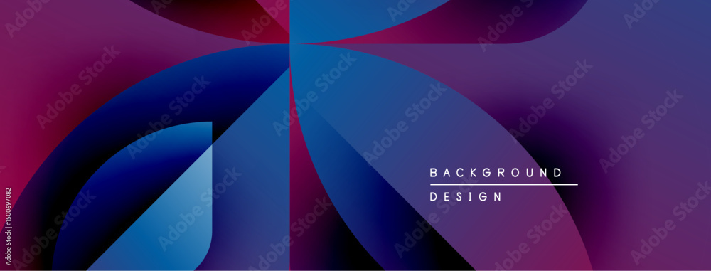 Poster Abstract gradients blend purple, blue hues. Dynamic shapes overlap creating modern visual effect. Text reads background design.