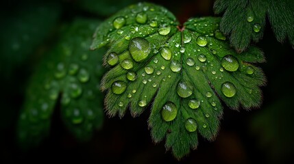 Emerald Dewdrop Embrace: A close-up, photorealistic shot captures the delicate beauty of a vibrant green leaf, adorned with glistening water droplets after a gentle rain. 