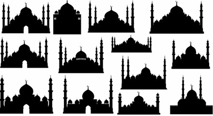Obraz premium Silhouettes of various mosque shapes on white background, generative ai.