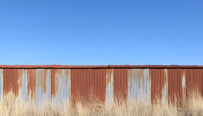 Rusty corrugated metal fence against a clear blue sky.
