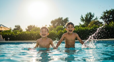 Joyful Boys Playing and Splashing Water in the Pool on a Sunny Day